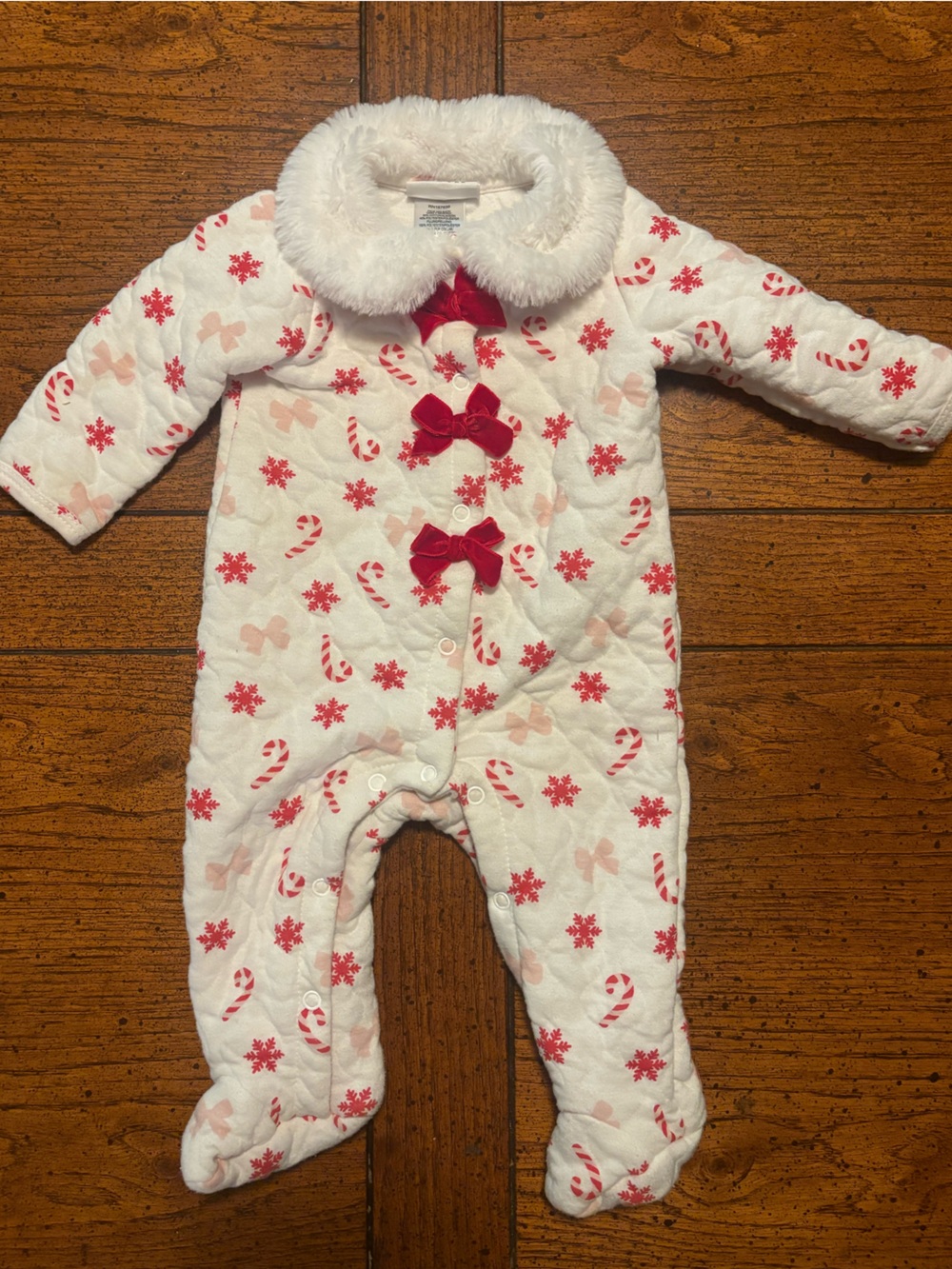 Baby Girl Christmas Footed Pajama, Faux Fur Collar, White, Red, 3-6 month
